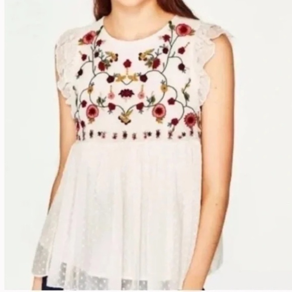 ZARA Embroidered Floral Sleeveless Blouse